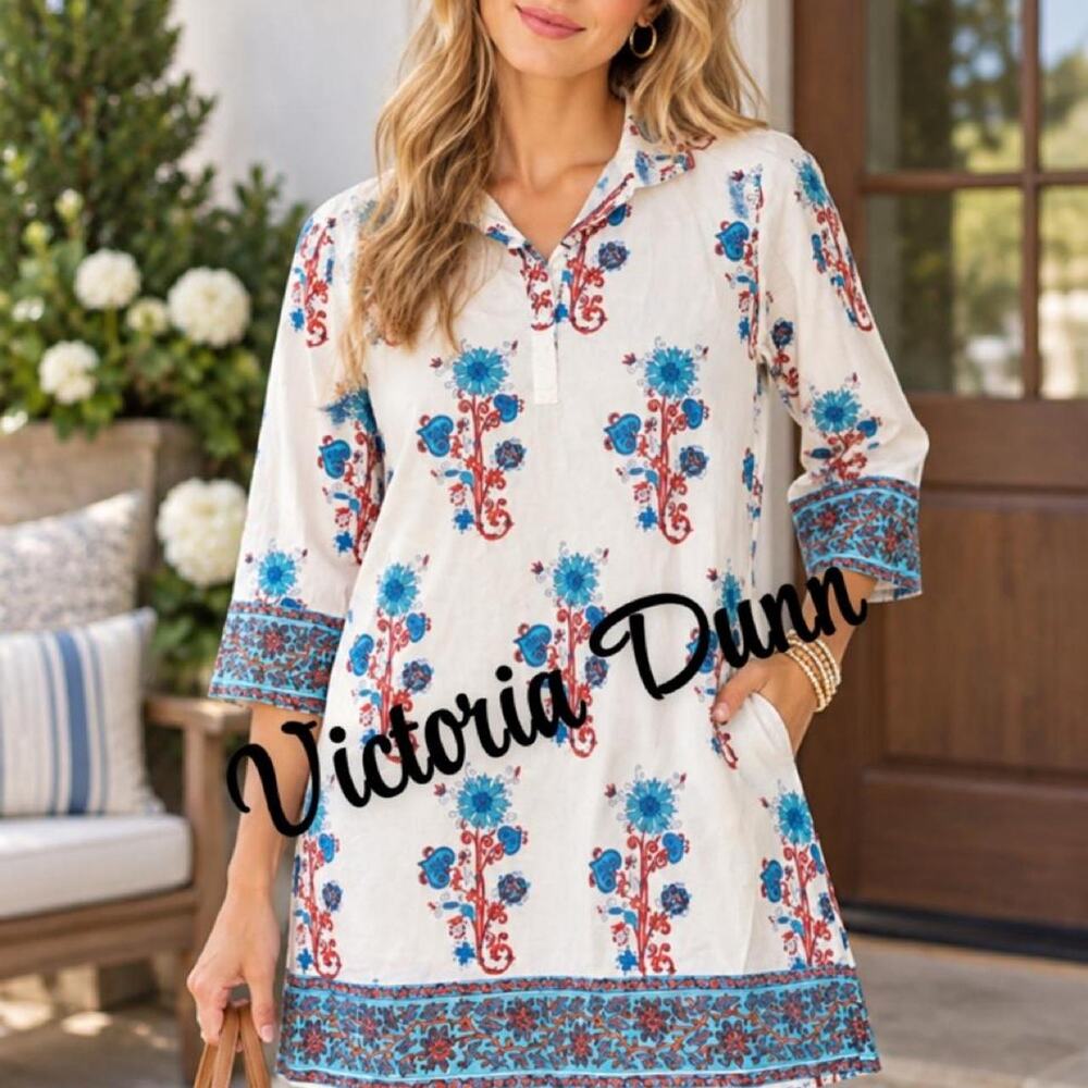 Victoria Dunn XL block-printed cotton tunic dress with pockets *one tiny mark*